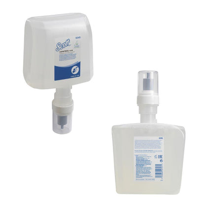 Two views of a rectangular, clear plastic cartridge of Scott® Control™ Foam Hand Cleanser by Kimberly-Clark GmbH, each with a white label and pump nozzle; one shows the front, the other highlights details of the hand hygiene protocols. Carton: 4 cartridges.