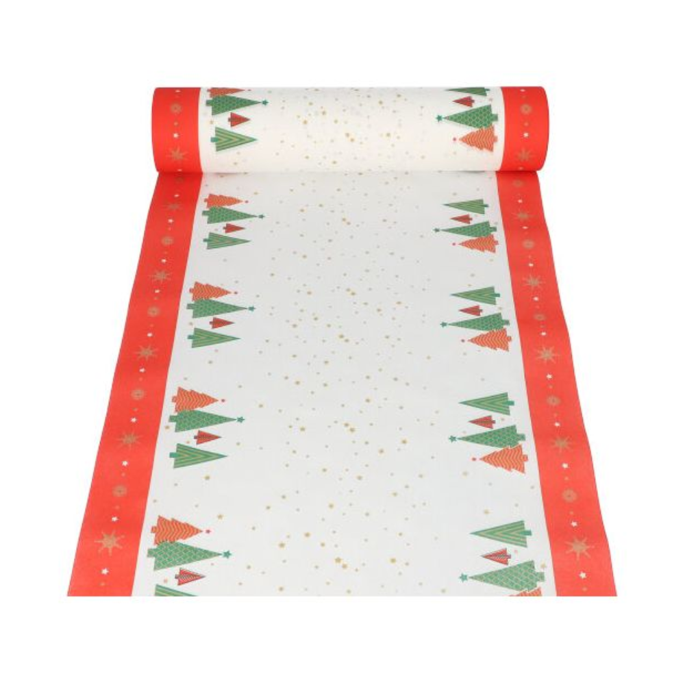 A roll of PAPSTAR table runner, reminiscent of elegant Airlaid textures used in festive table decorations, features a white background with scattered golden dots, complemented by red borders showing green and red Christmas trees as well as golden stars.