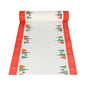 A roll of PAPSTAR table runner, reminiscent of elegant Airlaid textures used in festive table decorations, features a white background with scattered golden dots, complemented by red borders showing green and red Christmas trees as well as golden stars.