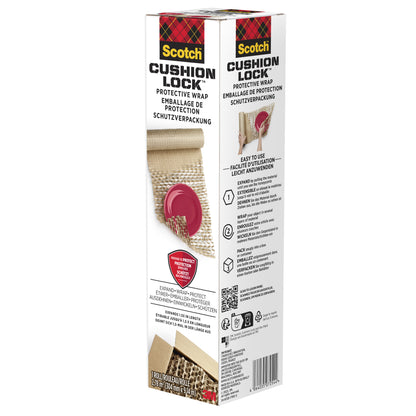 A box of Scotch™ Cushion Lock™ protective packaging (30.4 cm x 9.14 m, 1 roll) from 3M Deutschland GmbH is shown standing upright with branding and multilingual text highlighting the air cushion protection for delicate items.