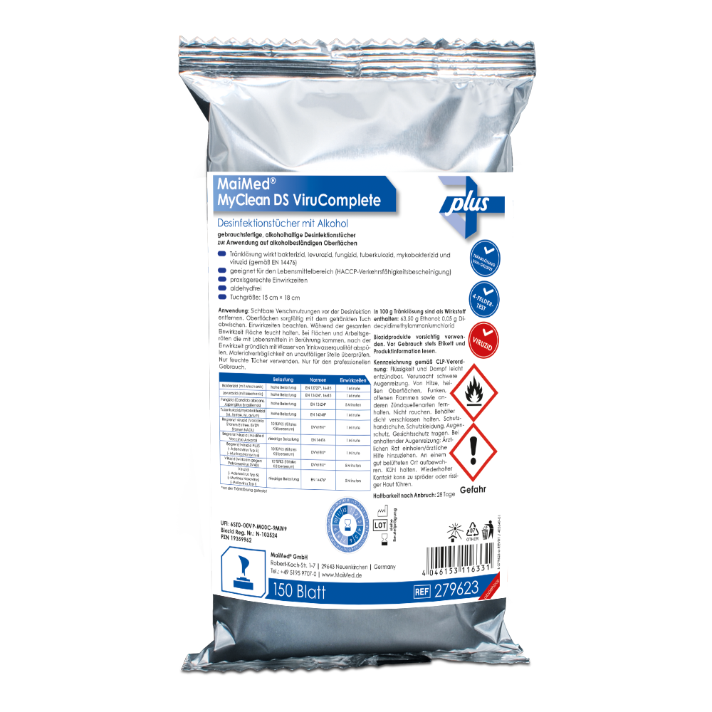 MaiMed MyClean DS ViruComplete Refill 120 pieces. Wipes soaked-neutral 15x18cm | Pack (150 pieces)