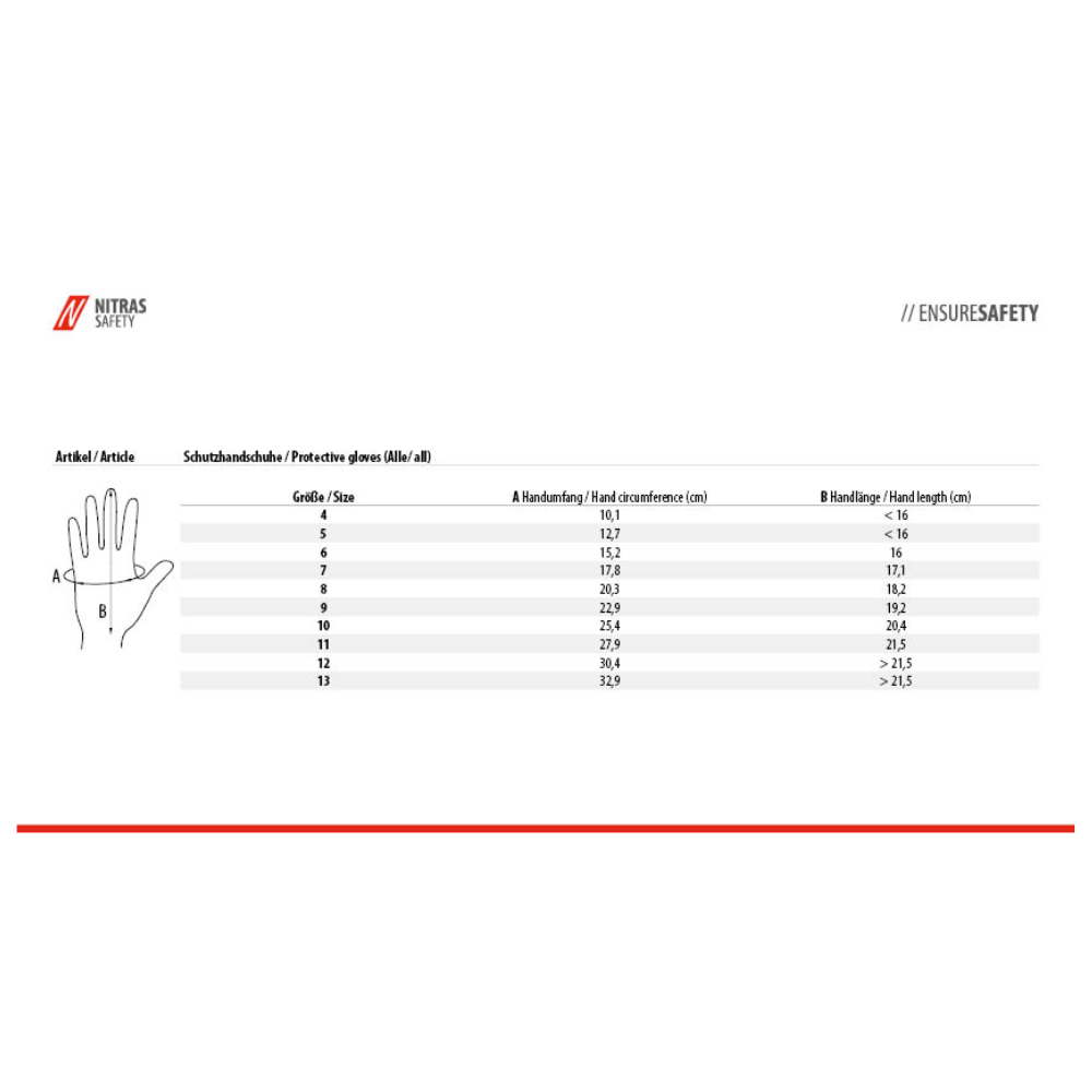 A size chart for Nitras Nylotex nylon gloves with latex coating from AS Arbeitsschutz GmbH, EN 388 certified, shows hand circumference and length in cm for sizes 6–13. A labeled hand marks the points A/B; the Nitras Safety logo is located at the top left.