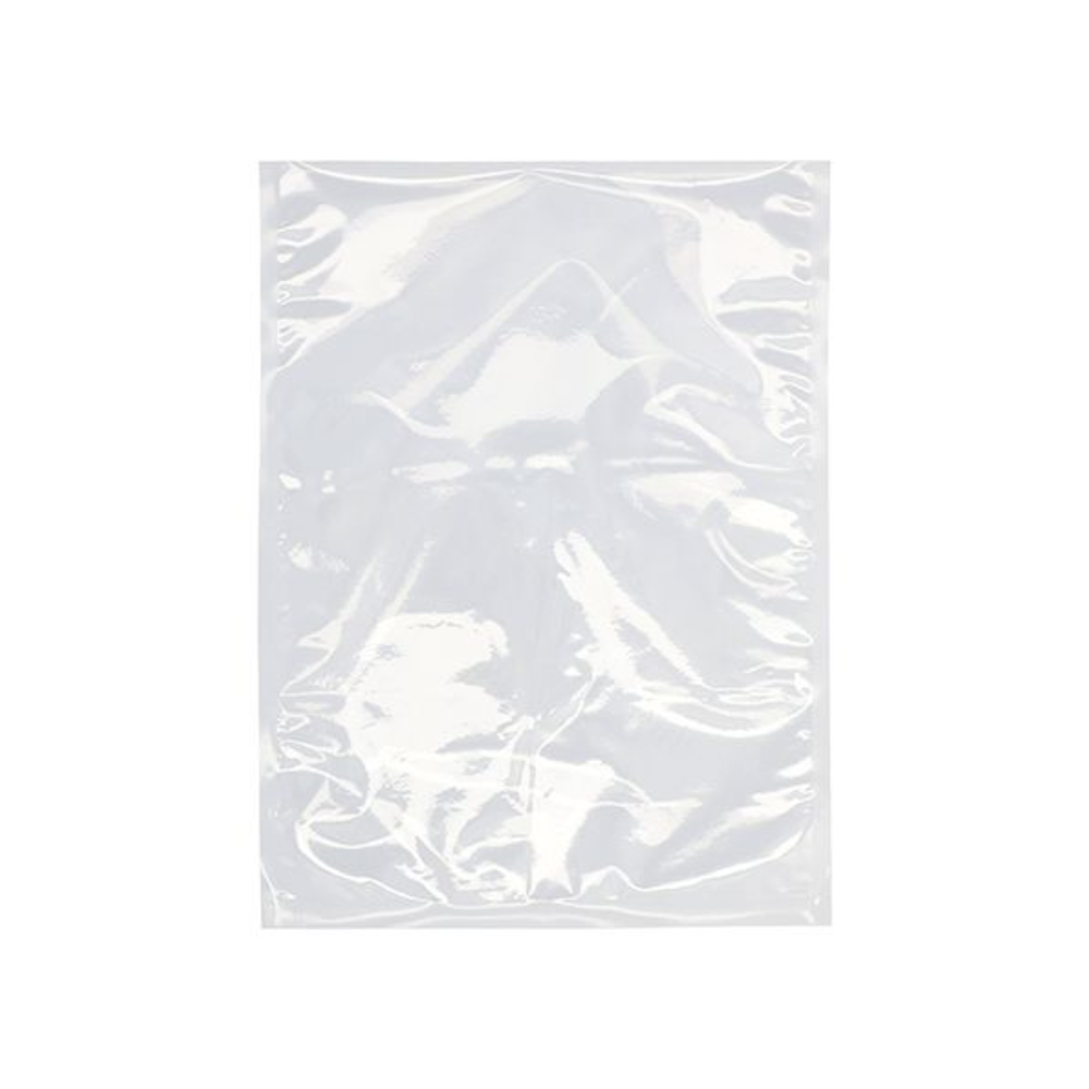 A transparent Starpak 100 vacuum bag from Starpak is depicted against a white background. The rectangular PA/PE plastic bag appears flat and slightly crumpled, with reflections visible on its surface.