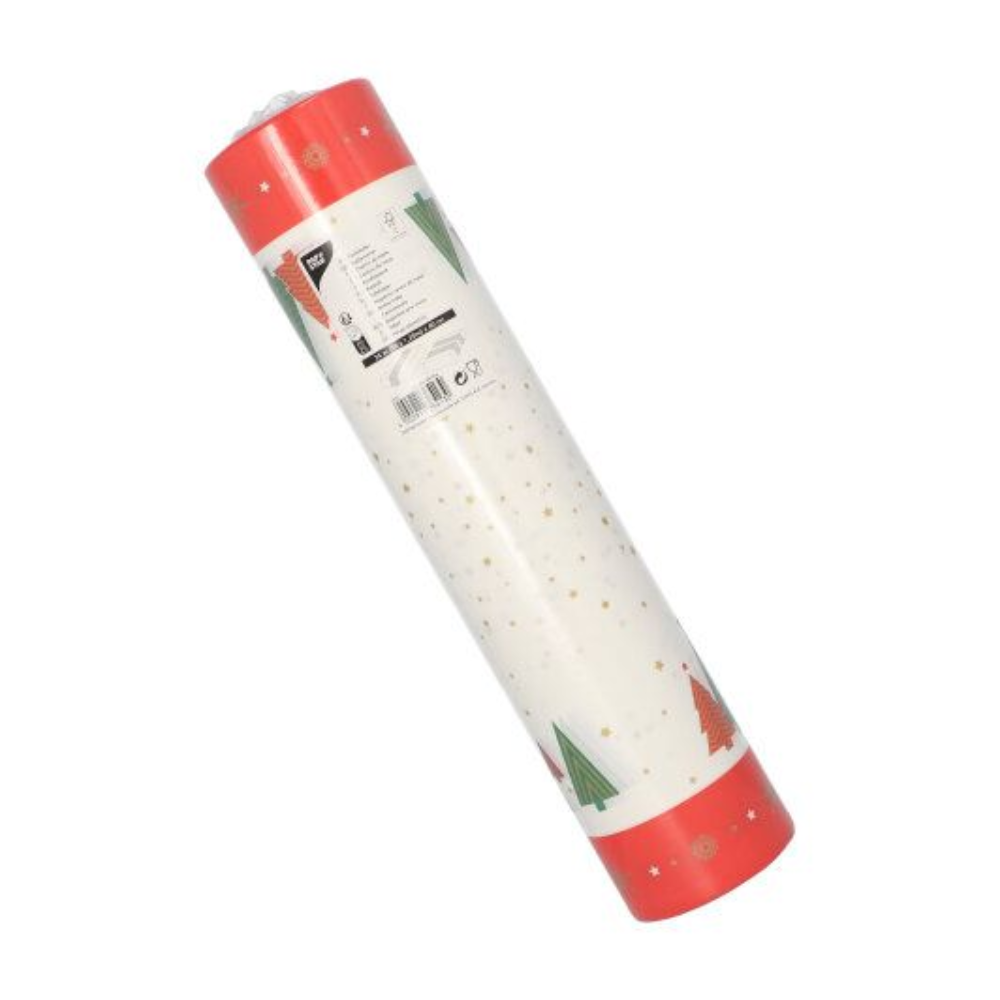 The PAPSTAR table runner fabric-like Airlaid in the size 24 m x 40 cm in the design "Christmas Trees Uni" features a red border with a green-red Christmas tree pattern, adorned with golden dots. This roll is ideal for enhancing your festive table decoration. A visible label on the packaging provides product information and a barcode.