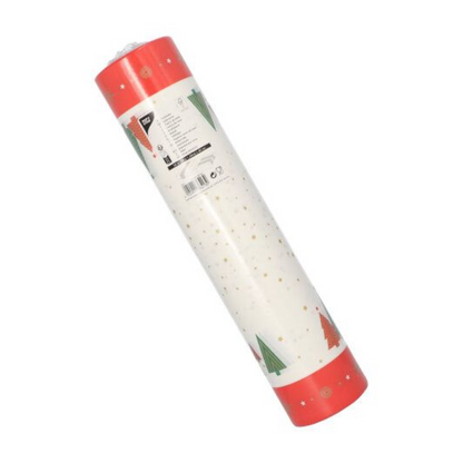 The PAPSTAR table runner fabric-like Airlaid in the size 24 m x 40 cm in the design "Christmas Trees Uni" features a red border with a green-red Christmas tree pattern, adorned with golden dots. This roll is ideal for enhancing your festive table decoration. A visible label on the packaging provides product information and a barcode.