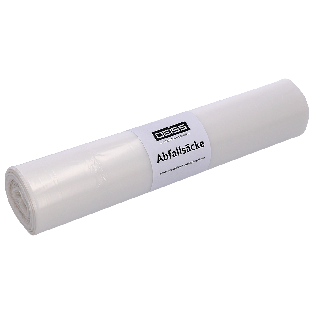 A roll of transparent DEISS garbage bags made from recycled LDPE (120 l, 25 pieces) by EMIL DEISS KG (GmbH + Co.), packaged in plastic with a label that reads "DEISS garbage bags" in black lettering on white.