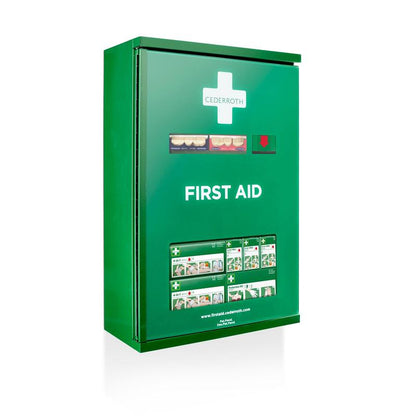 Green wall-mounted Cederroth First Aid Cabinet Double Door (Metal) by Orkla Wound Care AB (W 385 x H 575 x D 170 mm) with white cross, visible supply compartments, and illustrated instructions for easy access.