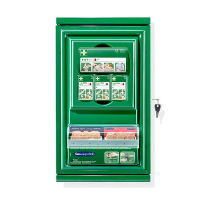 A green, wall-mounted Orkla Wound Care AB Cederroth First Aid Cabinet Mini (Metal), with instructions on the front, key lock, and transparent metal compartment containing various adhesive bandages. Size: W 260 x H 440 x D 170mm.