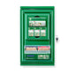 A green, wall-mounted Orkla Wound Care AB Cederroth First Aid Cabinet Mini (Metal), with instructions on the front, key lock, and transparent metal compartment containing various adhesive bandages. Size: W 260 x H 440 x D 170mm.