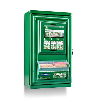The Cederroth First Aid Cabinet Mini (Metal) by Orkla Wound Care AB features illustrated instructions, a transparent compartment with bandage boxes, labeled with Salvequick, and has a locking mechanism on the right side.