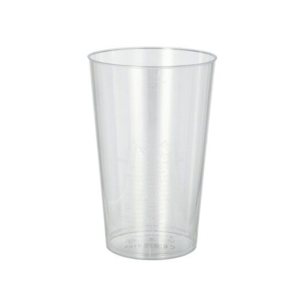 On a white background stands upright a crystal-clear Starpak plastic cup (PS) 0.3 l, in cylindrical shape with a slightly conical design and smooth surface.