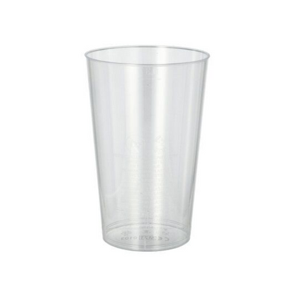On a white background stands upright a crystal-clear Starpak plastic cup (PS) 0.3 l, in cylindrical shape with a slightly conical design and smooth surface.