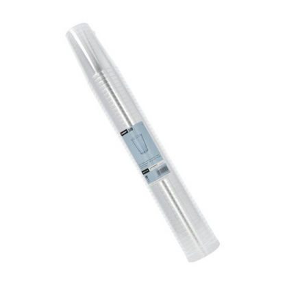 A stack of transparent Starpak plastic cups, shrink-wrapped in a transparent package with a blue label indicating 50 cups.