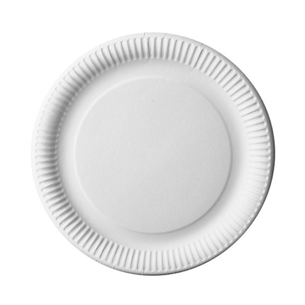 The PAPSTAR GmbH 29 50 Plate, cardboard "pure" round - white is a simple white round plate made of virgin fiberboard with a slightly raised and fluted edge - an eco-friendly choice for any occasion.
