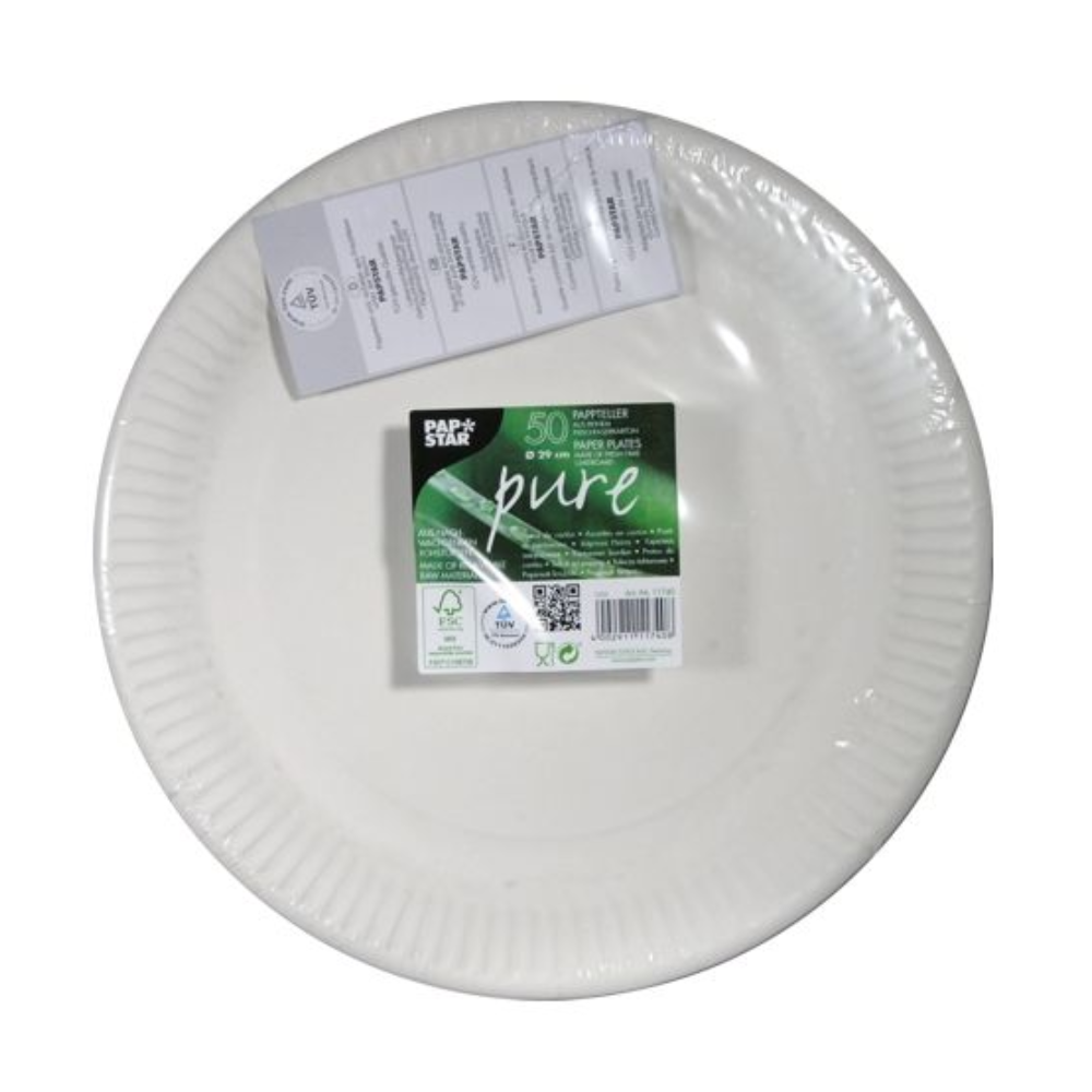 A stack of 50 white, round "Pure" paper plates (PAPSTAR GmbH, 29 50 Plate) is shown in packaging with green lettering and recycling symbols. The plates are made of virgin fiberboard and have a ribbed outer edge.