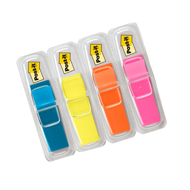 Four packs of 3M Post-it® Index Tabs, Mini (11.9 x 43.2 mm), with 35 flags each in blue, yellow, orange, and pink plastic dispensers. Each dispenser has a yellow Post-it label on the top.