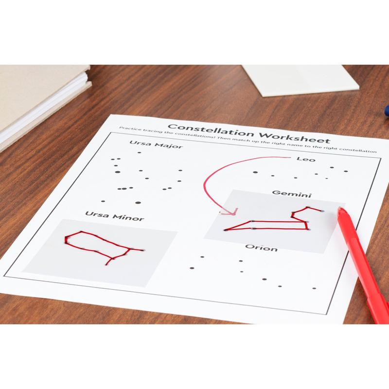A worksheet with constellations on a wooden table shows star patterns labeled Ursa Major, Ursa Minor, Gemini, Leo, and Orion. Post-it® Transparent Notes by 3M Deutschland GmbH (73x73mm) organize notes, while a red pen points to the circled constellation of Gemini.