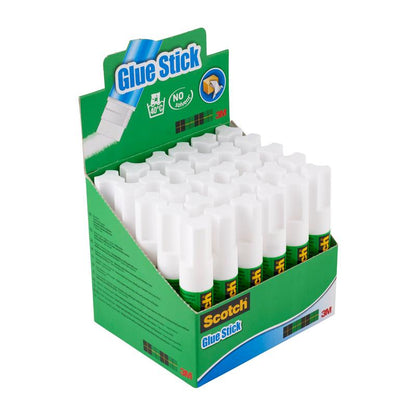 An open green-blue display box from 3M Deutschland GmbH shows several white-capped Scotch® Permanent Glue Sticks, 8 g | 1 piece, with clear branding and printed product information.