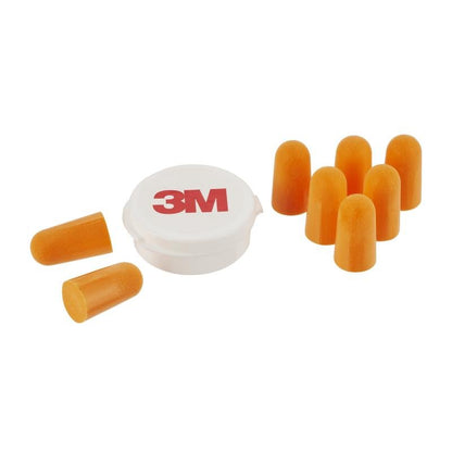 Eight orange 3M™ Earplugs 1100 soft foam (SNR value 35 dB) from 3M Deutschland GmbH are depicted next to a small white round container with a red "3M" logo on a white background.