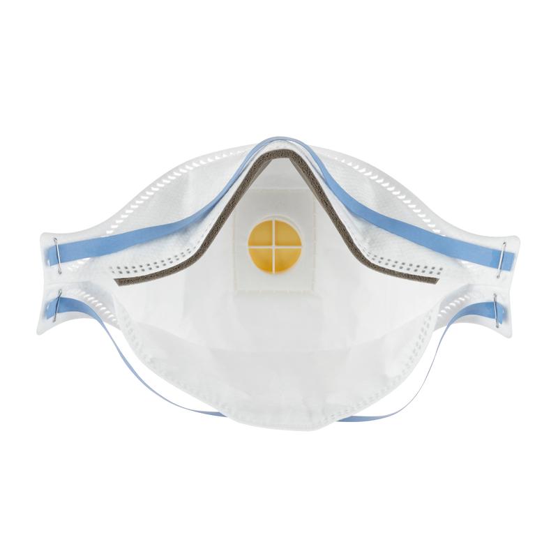 A close-up of the 3M™ Aura™ Comfort Cool Flow™ 9322+ Particulate Respirator (FFP2) from 3M Deutschland GmbH shows the blue nose strip, the yellow exhalation valve, and the elastic ear loops against a white background.
