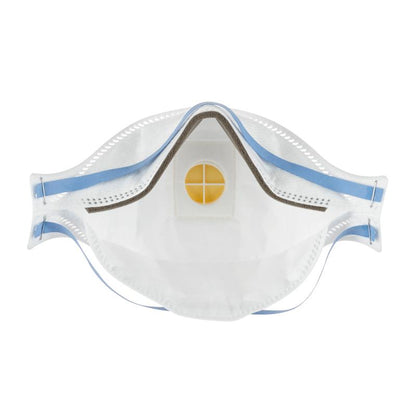 A close-up of the 3M™ Aura™ Comfort Cool Flow™ 9322+ Particulate Respirator (FFP2) from 3M Deutschland GmbH shows the blue nose strip, the yellow exhalation valve, and the elastic ear loops against a white background.