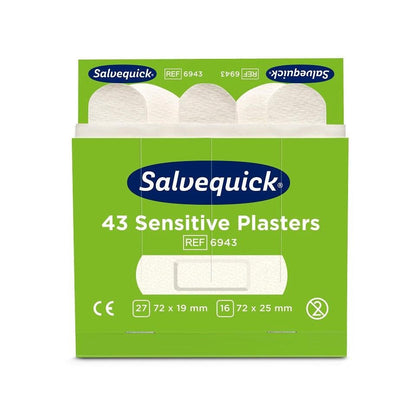 A green box from Orkla Wound Care AB with the inscription "Sensitive Plasters, 43 pcs./Refill (fleece) | Pack (6 pieces)" shows the sizes 27x72x19mm and 16x72x25mm, the CE mark, and the product number 6943 on the front for sensitive skin.