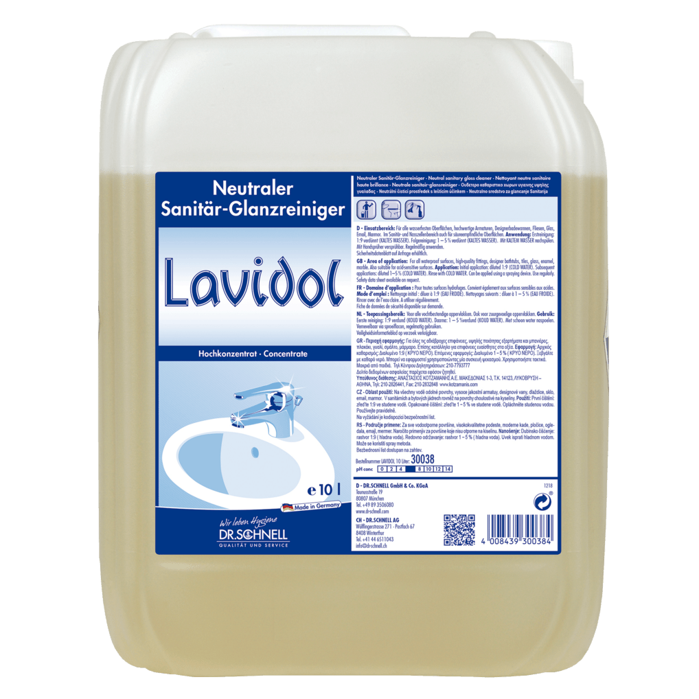 A 10-liter plastic container of Dr. Schnell LAVIDOL sanitary cleaner from DR.SCHNELL GmbH & Co. KGaA, with a blue and white label containing usage and brand information, as well as an image of a sink with a faucet.
