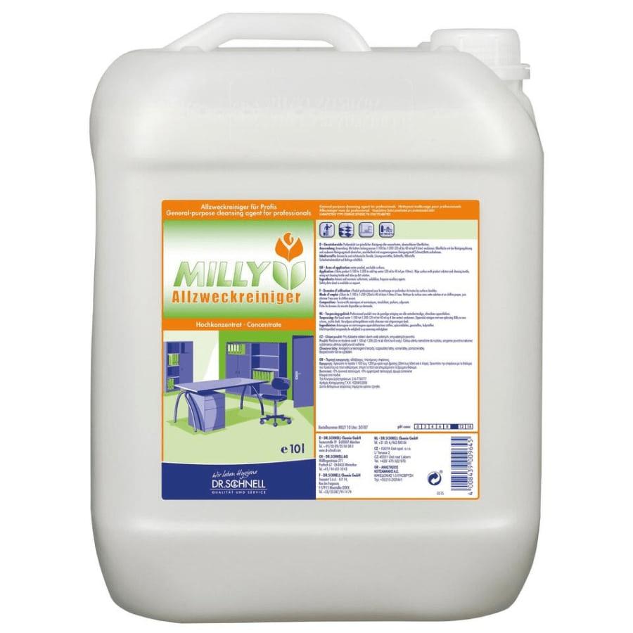 A 10-liter plastic container of DR.SCHNELL GmbH & Co. KGaA Dr. Schnell MILLY ALL-PURPOSE CLEANER concentrate features a colorful label with product information and office furniture, perfect for household cleaning and powerful grease removal.