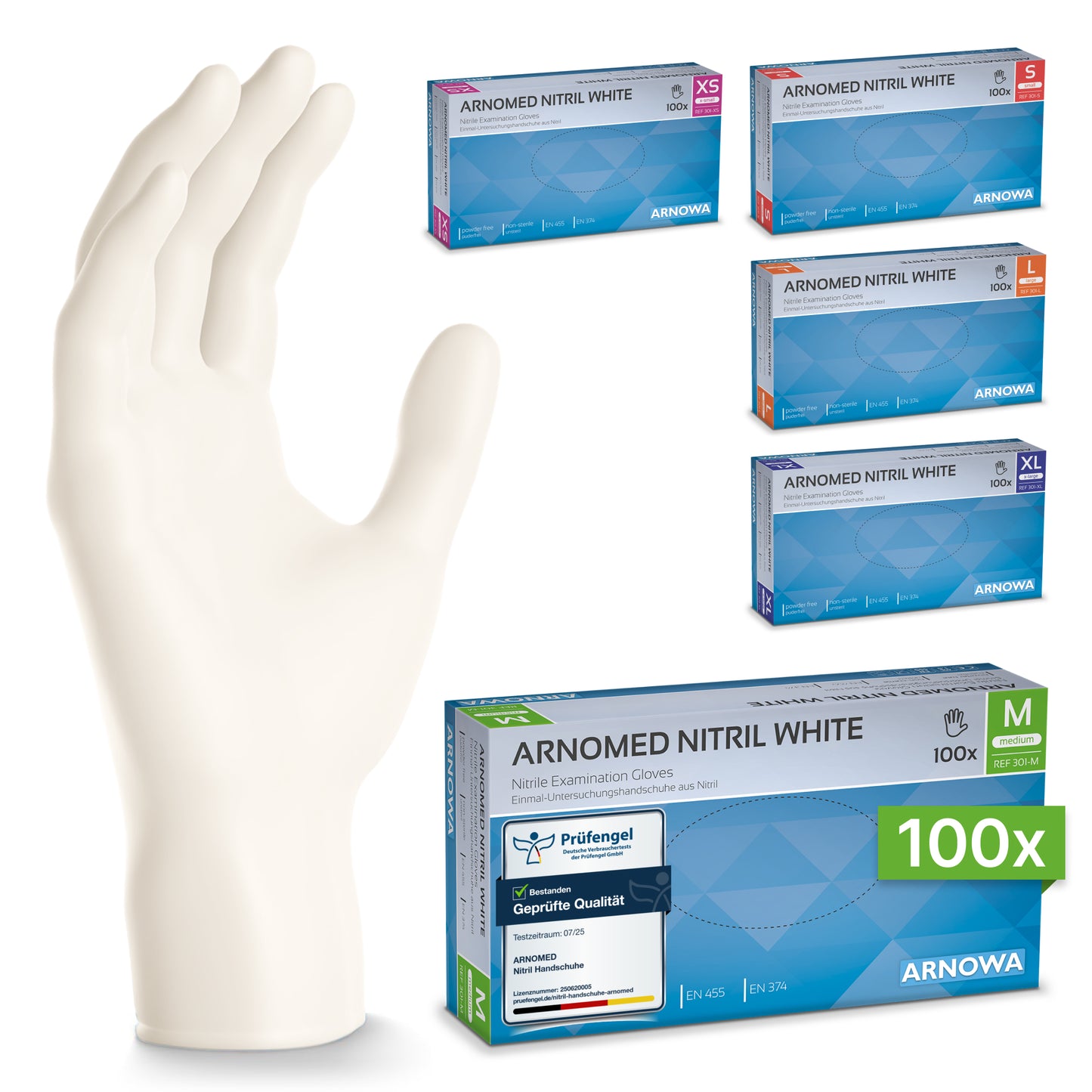 Ein weißer ARNOMED NITRIL WHITE Einmalhandschuh der ARNOWA GmbH steht aufrecht neben fünf Schachteln (XS-XL); die Schachtel der Größe M steht vorne, beschriftet mit "100x" und Produktangaben. Die Handschuhe sind reißfest, latexfrei und puderfrei.