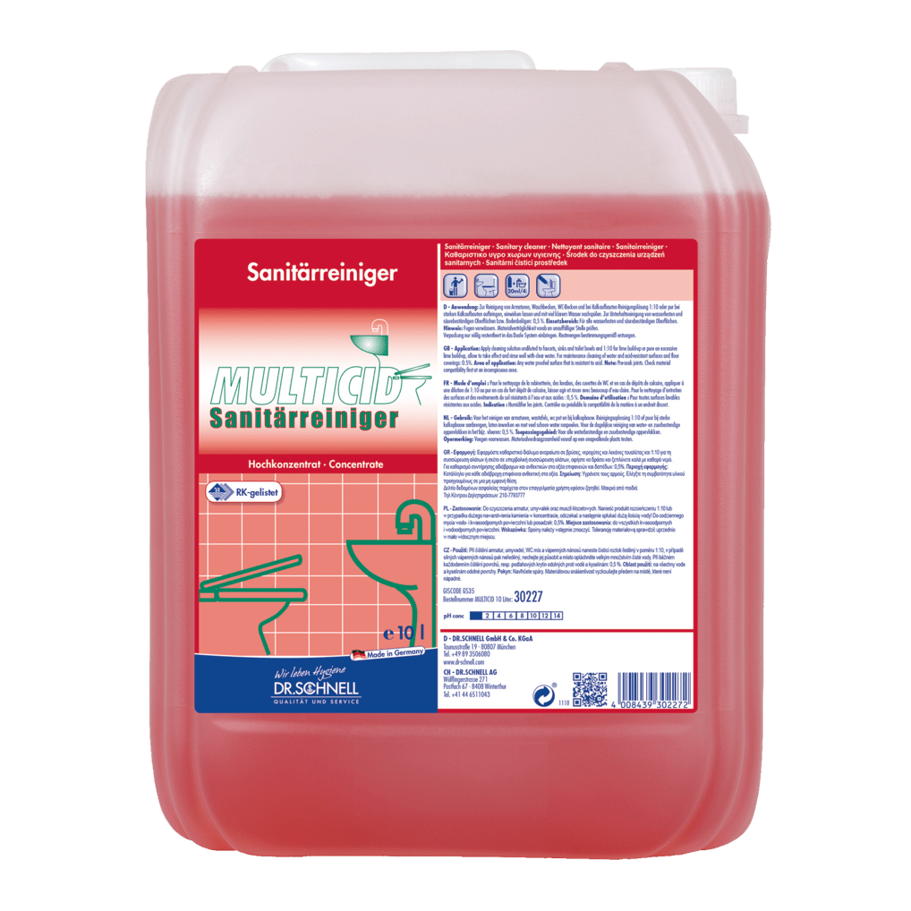 A 10-liter plastic container of Dr. Schnell MULTICID sanitary cleaner from DR.SCHNELL GmbH & Co. KGaA, a red sanitary cleaner concentrate with product labels and application instructions printed on the front.