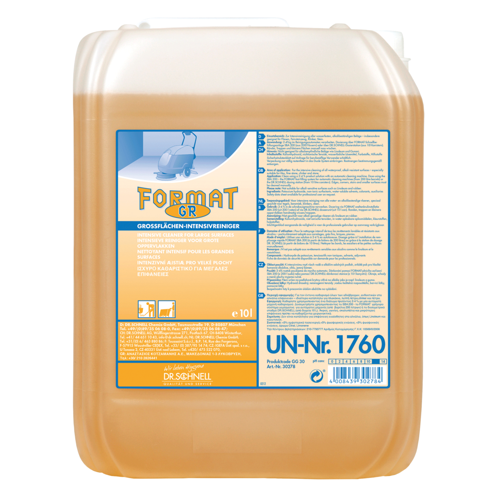 Ein 10-Liter-Behälter aus transluzentem Kunststoff von Dr. Schnell FORMAT GR 1 der DR.SCHNELL GmbH & Co. KGaA, gefüllt mit gelb-orangem Reiniger. Das deutsche Etikett enthält Produktangaben, Sicherheitsinformationen und die UN-Nummer 1760.