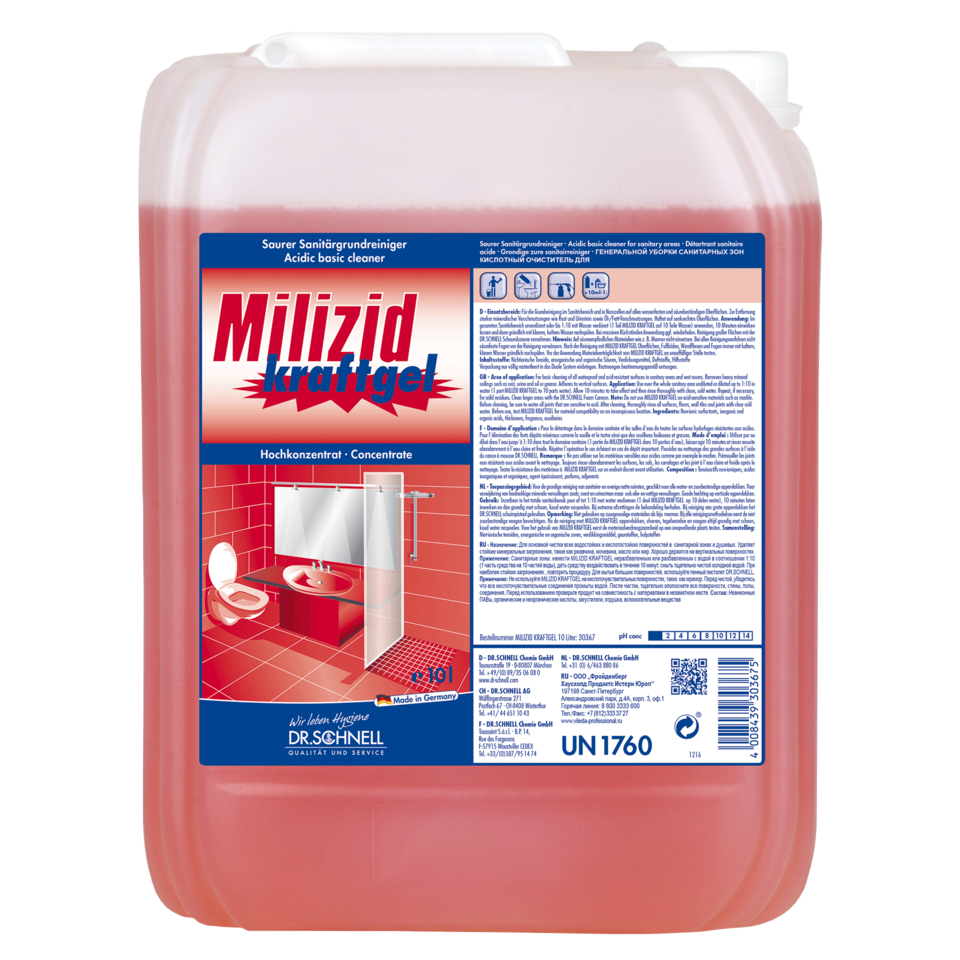 A large, transparent plastic container of Dr. Schnell MILIZID power gel sanitary cleaner (acidic for basic cleaning) by DR.SCHNELL GmbH & Co. KGaA, filled with red liquid and German instructions for removing mineral deposits.