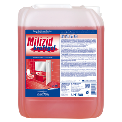 A large, transparent plastic container of Dr. Schnell MILIZID power gel sanitary cleaner (acidic for basic cleaning) by DR.SCHNELL GmbH & Co. KGaA, filled with red liquid and German instructions for removing mineral deposits.