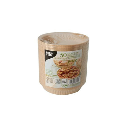 A stack of 50 PAPSTAR baking molds "pure" in natural brown, packed in clear plastic, bears the label of PAPSTAR GmbH with images of baked goods. These molds are ideal for fat-free baking with a diameter of 13.8 cm and a volume of 220 ml.