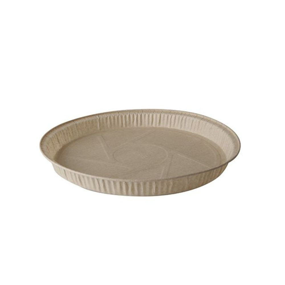 The PAPSTAR 25 baking molds "pure" round brown from PAPSTAR GmbH is a beige disposable baking mold with a slightly raised edge and textured surface, made from environmentally friendly materials and depicted on a white background.