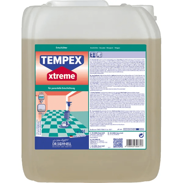 The 10 l Dr. Schnell TEMPEX XTREME from DR.SCHNELL GmbH & Co. KGaA is a powerful cleaning agent for floors, ideal for professional building cleaning, with blue and red labeling and application symbols.