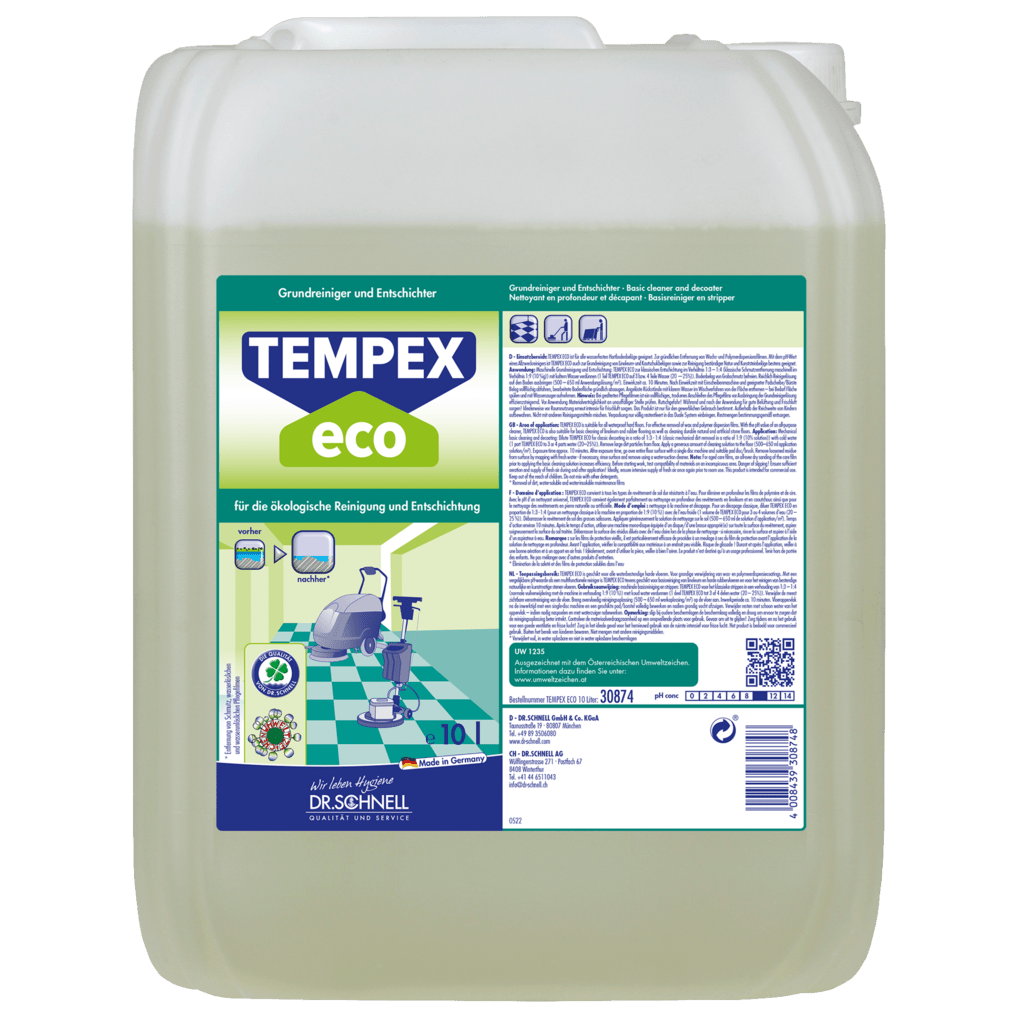 A 10-liter canister of Dr. Schnell TEMPEX ECO ecological basic cleaner for building cleaning floors of DR.SCHNELL GmbH & Co. KGaA, with a green-blue label depicting cleaning tools on a tiled floor.
