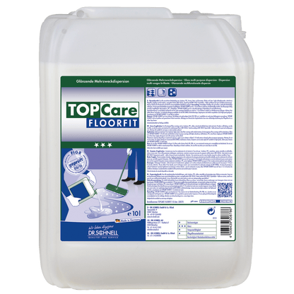 A large white plastic container Dr. Schnell TOPCARE FLOORFIT from DR.SCHNELL GmbH & Co. KGaA with a blue-green label with product information, instructions, symbols, and an image of a mop with a shiny floor for streak-free results.