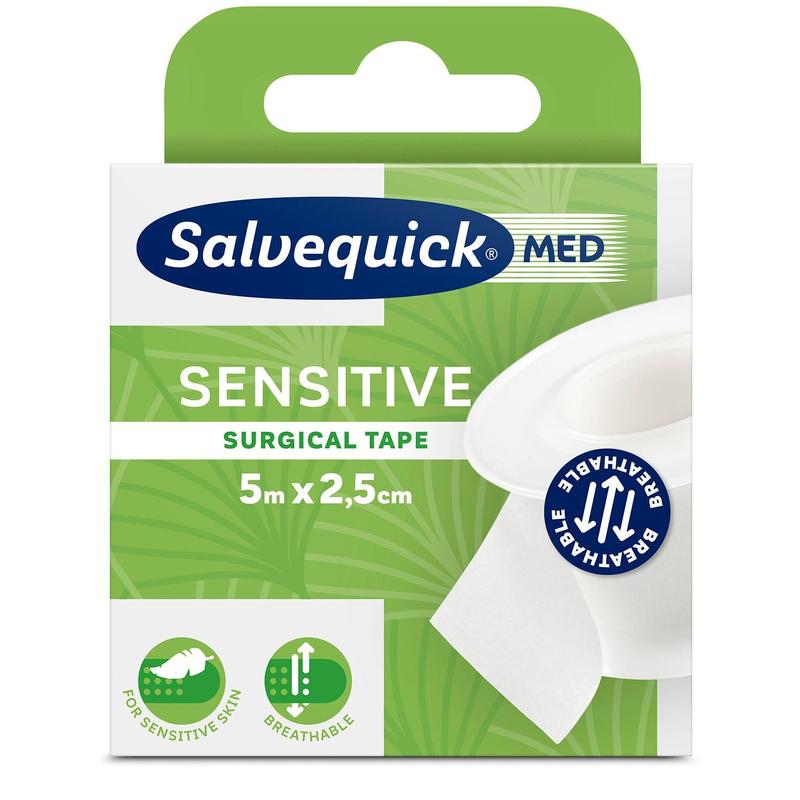 Box with Salvequick OP adhesive tape 6-5x2.5 by Orkla Wound Care AB (1 piece), 5m x 2.5cm. Green and white packaging highlights hypoallergenic, breathable tape for sensitive skin, with symbols and partially visible roll.