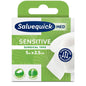 Box with Salvequick OP adhesive tape 6-5x2.5 by Orkla Wound Care AB (1 piece), 5m x 2.5cm. Green and white packaging highlights hypoallergenic, breathable tape for sensitive skin, with symbols and partially visible roll.