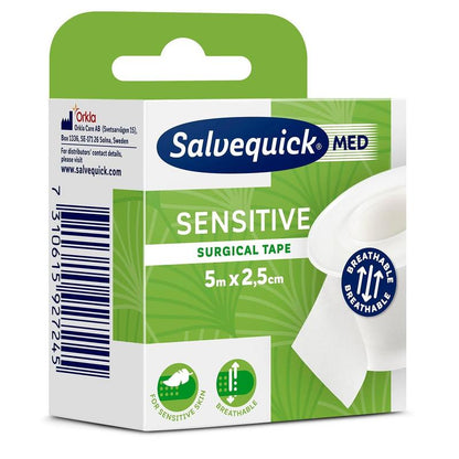 Salvequick OP adhesive tape 6-5x2.5 by Orkla Wound Care AB has green-white packaging with symbols for hypoallergenic, sensitive skin and breathability. Each package contains a 5m x 2.5cm roll.
