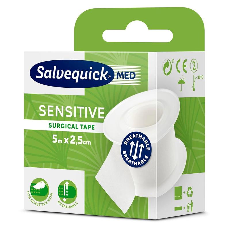 A box of Salvequick OP adhesive tape 6-5x2.5 (1 piece) by Orkla Wound Care AB with green and white packaging, product information, symbols for sensitive skin and breathability, as well as a clear depiction of the hypoallergenic adhesive tape roll.