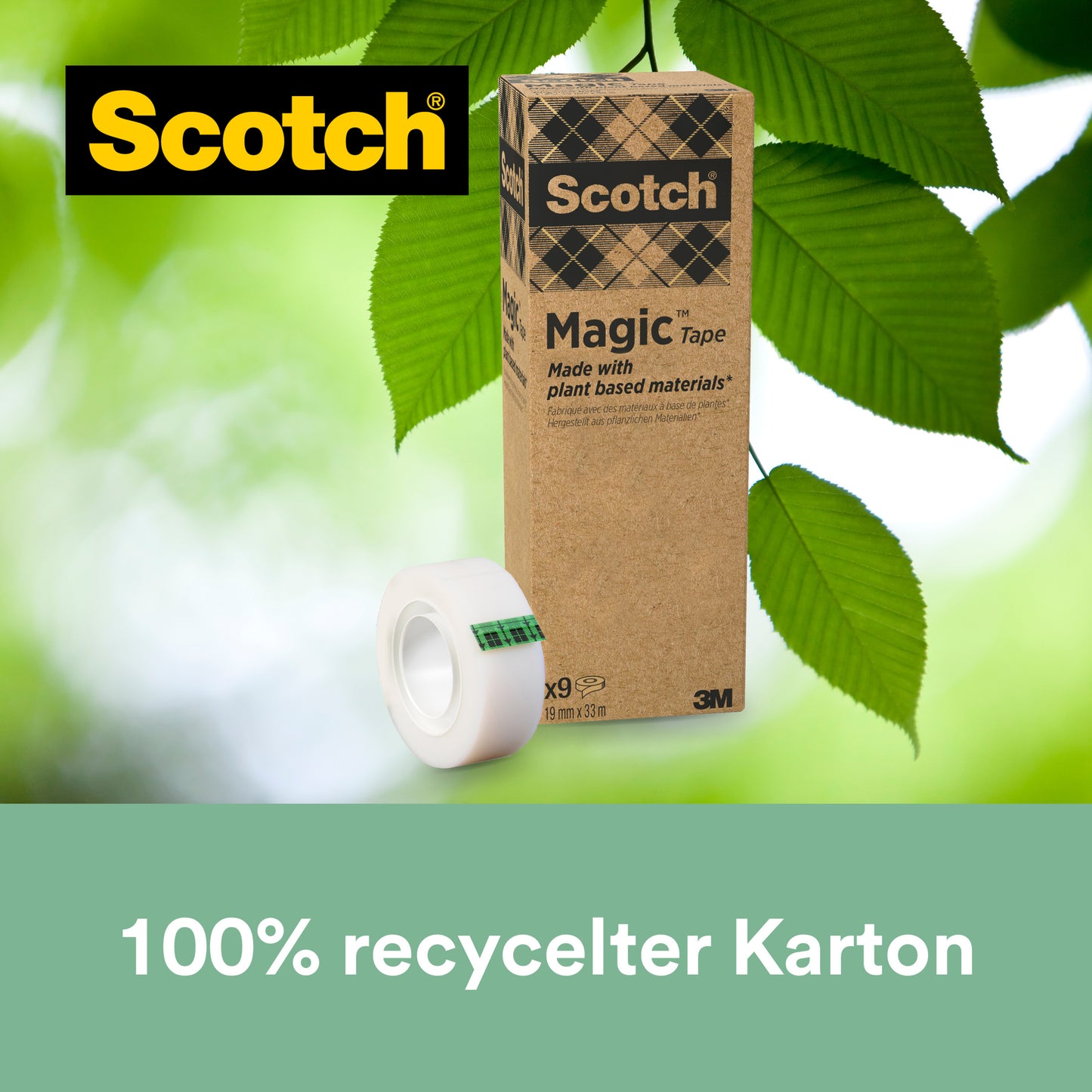 Eine Packung Scotch® Magic™ Klebeband (9 Rollen, 19 mm x 33 m) von 3M Deutschland GmbH, hergestellt mit 66 % pflanzlichem Klebstoff und 100 % recyceltem Karton - ideal für nachhaltigen Bürobedarf.