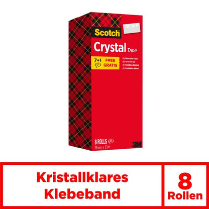 A red box of 3M Deutschland GmbH Scotch® Crystal Tape, transparent, value pack with checkered side bears the inscription "8 Rolls", "Crystal Clear Tape", highlights "7+1 Free" and contains tapes in the format 19 mm x 33 m.