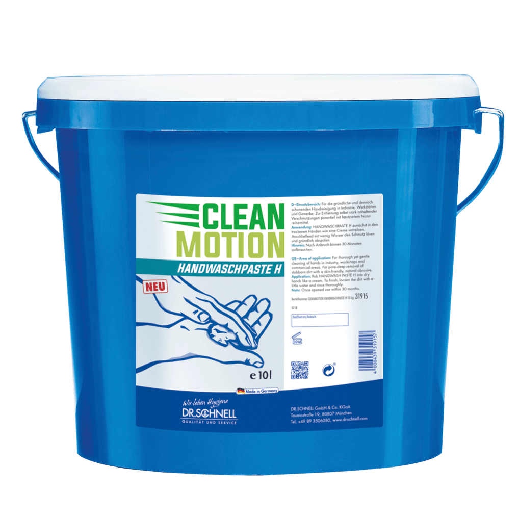 A blue 10L plastic bucket with a white lid and handle, labeled with "Dr. Schnell CLEANMOTION Handwashing Paste H, strong skin cleansing with abrasive" from DR.SCHNELL GmbH & Co. KGaA; German product information and handwashing detergent graphic on the front.