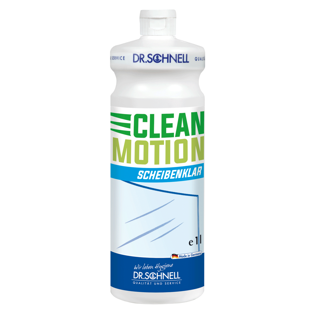 Eine weiße 1L-Kunststoffflasche mit der Aufschrift "Dr. Schnell CLEANMOTION SCHEIBENKLAR" der DR.SCHNELL GmbH & Co. KGaA mit blauer, grüner und gelber Schrift sowie einer Fensterabbildung; dieser Glasreiniger sorgt für eine schlierenfreie, kristallklare Reinigung.