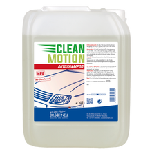 Ein 10-Liter-Kunststoffbehälter von Dr. Schnell CLEANMOTION AUTOSHAMPOO von DR.SCHNELL GmbH & Co. KGaA, ideal für die professionelle Autowäsche. Das Etikett zeigt ein Auto, eine deutsche Produktinformation, eine Gebrauchsanweisung; die Flüssigkeit ist klar oder hell.