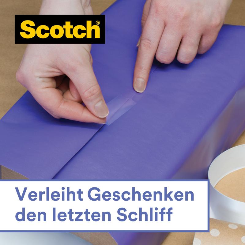 Someone seals purple wrapping paper with Scotch® gift satin tape (1 roll, 19 mm x 25 m) from 3M Deutschland GmbH. The Scotch logo appears in the top left, below it reads: "Gives gifts the final touch."