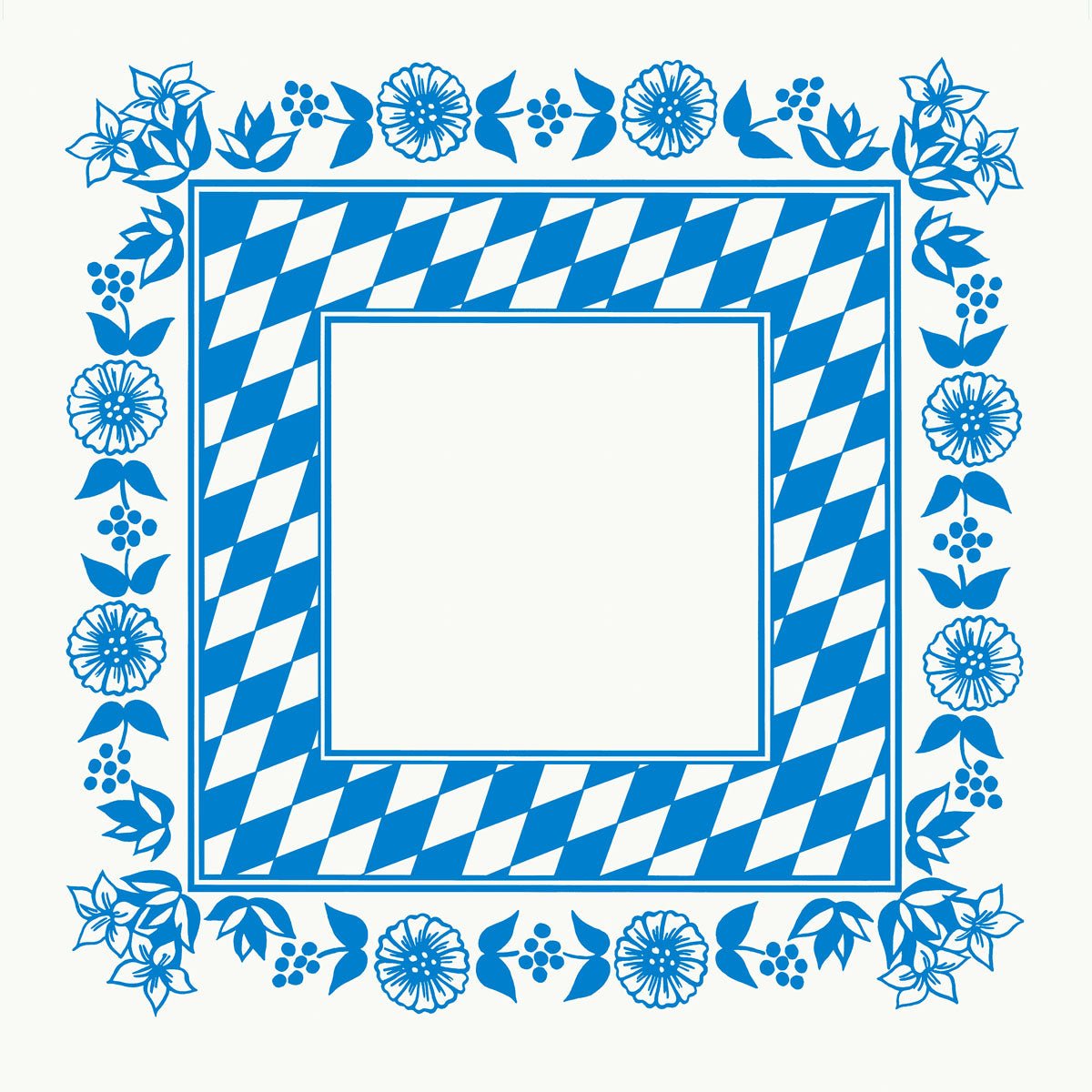 The Dunicel tablecloth 84x84 cm from Duni GmbH features a blue and white Bavarian diamond pattern with blue floral accents on the edge, ideal for Oktoberfest, and is delivered in a pack of 100. The center is blank for versatile festive use.