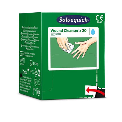 A green box with Salvequick Savett Wound Cleaner (0.9% NaCl, sterile) from Orkla Wound Care AB contains 20 sterile wound cleaners. The package shows instructions for use with an illustration of one hand cleaning the other.